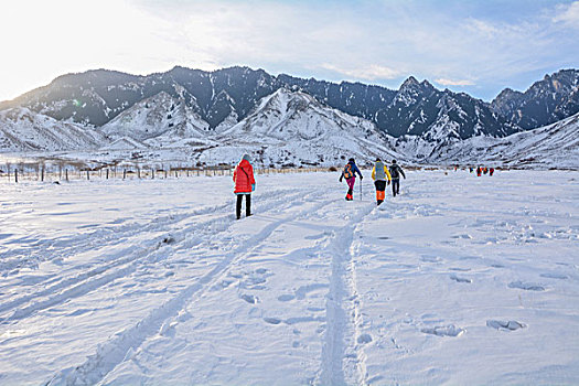 一群驴友向雪山深处进发的背影