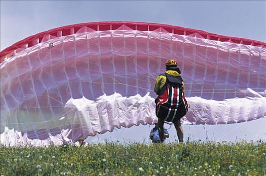 滑翔伞,准备,阿尔卑斯山,奥地利,欧洲