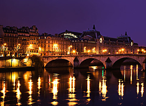塞纳河,奥塞美术馆,夜景,巴黎,法国,欧洲