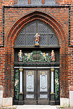入口,砖,哥德式,14世纪,教堂,街道,施特拉尔松,梅克伦堡前波莫瑞州,德国,欧洲