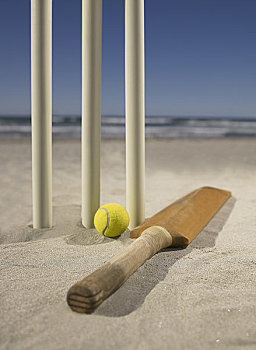 板球桩,球棒,海滩