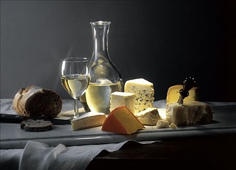 奶酪,静物,白葡萄酒,面包