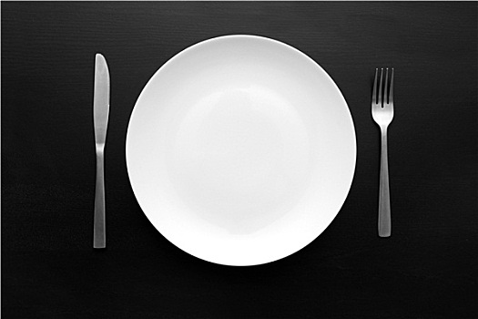 空,白色,盘子,叉子,刀,暗色,木桌子