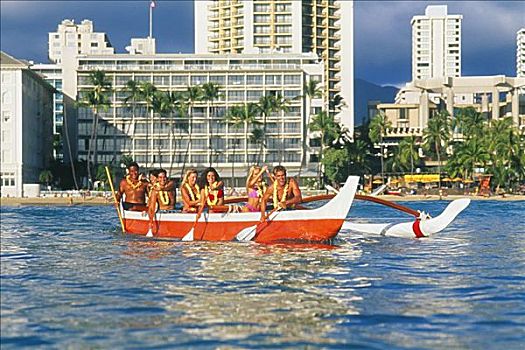 夏威夷,瓦胡岛,红色,白色,舷外支架,水中,酒店,背景,桨手,微笑