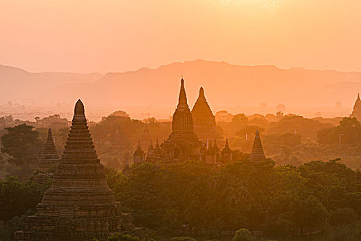 日出,俯视,古老,庙宇,蒲甘,缅甸