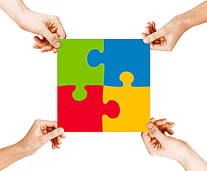 商务,团队,合作,概念,四个,手,联系,彩色,拼图