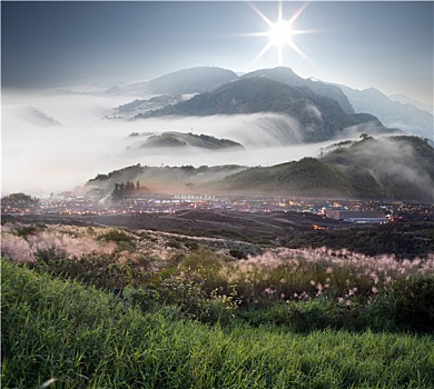 日落,山,风景,效用,使用