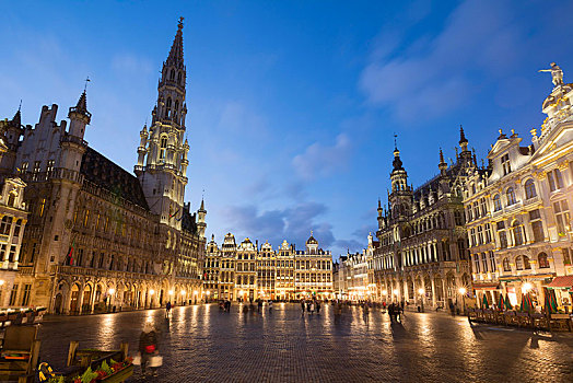 市政厅,行会,房子,城市,博物馆,大广场,黃昏,布鲁塞尔,比利时,欧洲