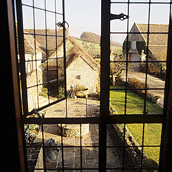 窗,院落,石板,草坪,正面,英国,郊区住宅