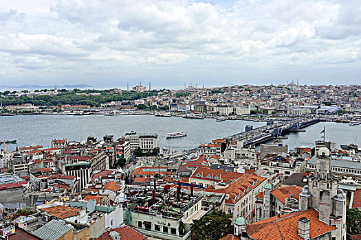 加拉达塔,桥,金角湾,蓝色清真寺,藍色清真寺,左边,风景,塔,伊斯坦布尔,欧洲,土耳其,亚洲