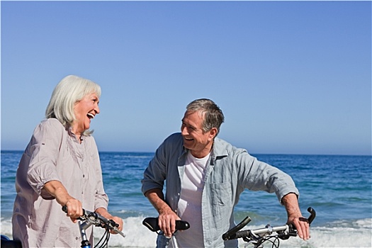 退休,情侣,自行车,海滩