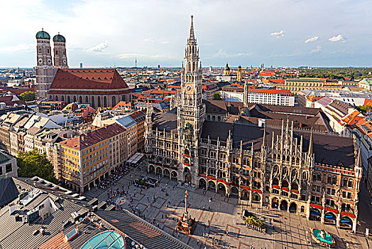 俯视,市政厅,圣母教堂,钟楼,玛利亚广场,慕尼黑,巴伐利亚,德国