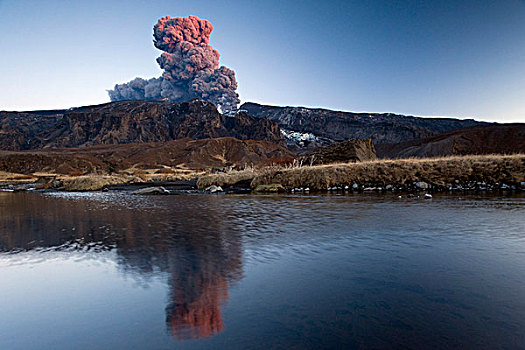 火山,灰尘,云,反射,小,湖,山,山脊,冰岛,欧洲