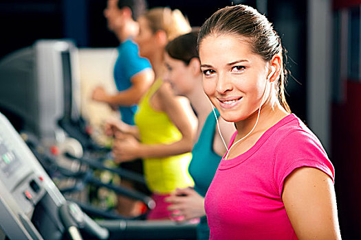 跑,跑步机,健身房,群体,女人,男人,练习,收获,健身
