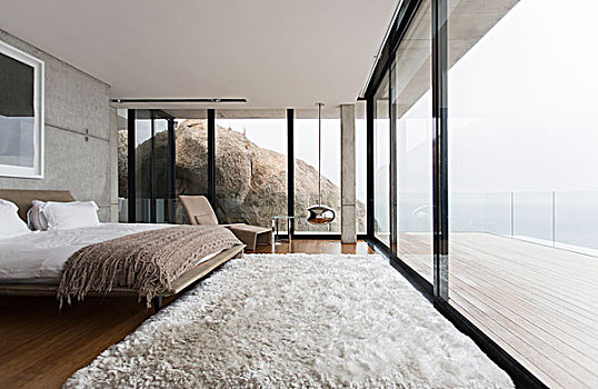 粗毛地毯,玻璃,墙壁,现代,卧室