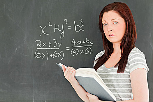 可爱,女人,尝试,数学,公式,黑板