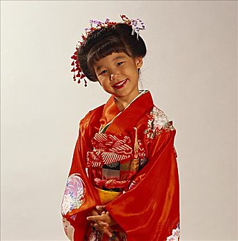 微笑,日本人,女孩,红色,和服,合掌,正面