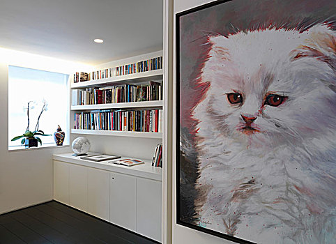 绘画,猫,创意,前厅,书架,高处,白色,餐具柜