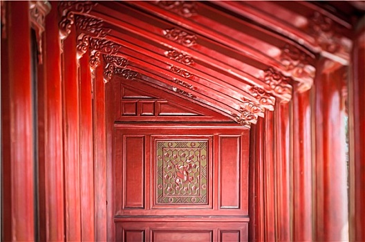 红色,木质,大厅,城堡,色调,越南,亚洲