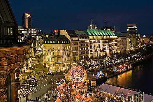 风景,内城,圣诞市场,夜晚,汉堡市,德国,俯视图