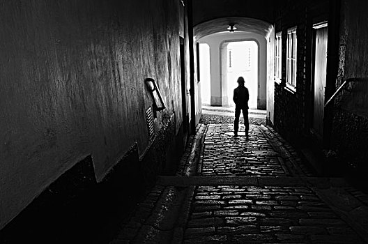 剪影,孤单,男孩,站立,隧道,石头,街道,看,院子,斯德哥尔摩,瑞典