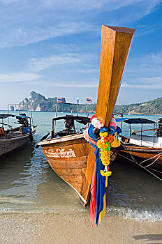 渔船,装饰,花,长尾船,湾,苏梅岛,泰国,亚洲