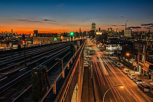 日落,俯视,皇后区,曼哈顿,背景,纽约,美国