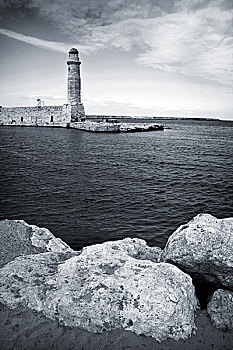 老,威尼斯,灯塔,石头,海岸,前景,克利特岛,希腊