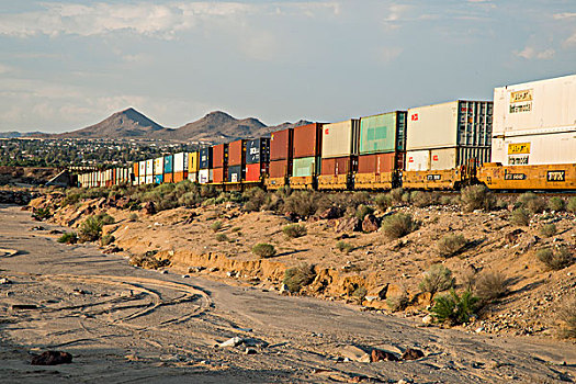 美国,加利福尼亚,干旱,聚光灯,66号公路,探险,道路,莫哈韦沙漠,河,货运列车,大幅,尺寸