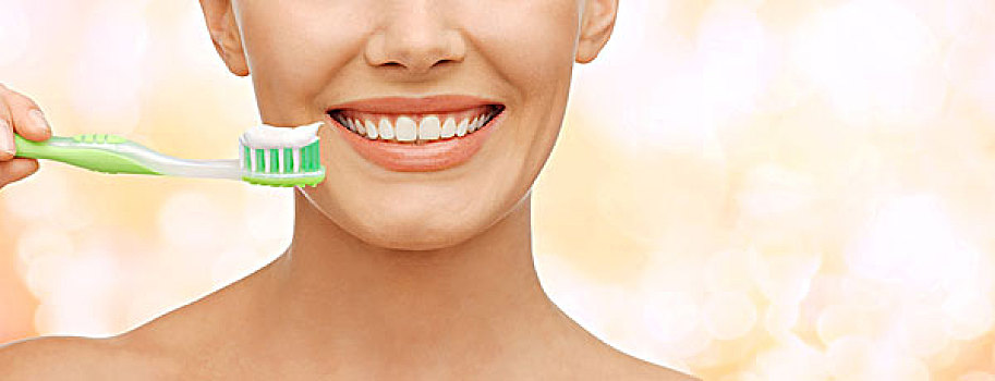 美,牙齿保健,概念,美女,绿色,牙刷