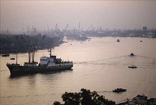 越南,西贡,胡志明市,湄公河,靠近,商品,港口,大,船,粉红色,天空