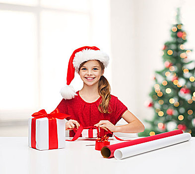 圣诞节,圣诞,冬天,高兴,概念,微笑,女孩,圣诞老人,帽子,礼盒,包装纸