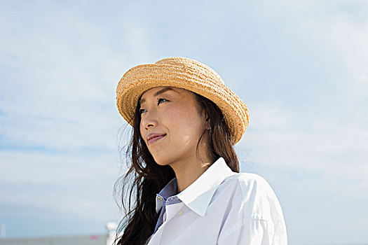 女人,草帽,海滩,神户