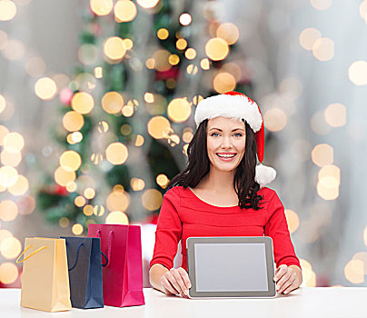 圣诞节,科技,人,概念,微笑,女人,圣诞老人,帽子,购物袋,平板电脑,电脑,上方,树,背景