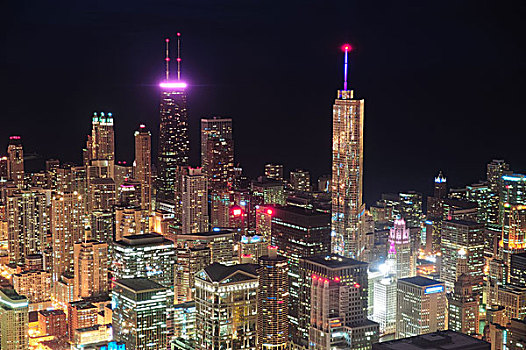 芝加哥,夜晚,航拍