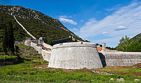 防御,墙壁,山,半岛,中心,达尔马提亚,亚得里亚海,海岸,克罗地亚,欧洲