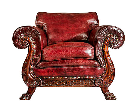 老式,红色,皮革,扶手椅,雕刻,腿,隔绝