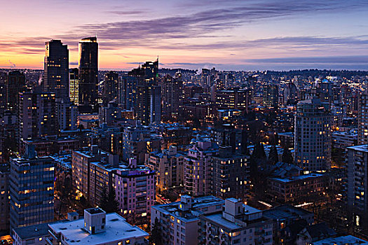 加拿大,不列颠哥伦比亚省,温哥华,俯视图,伦敦西区,建筑,街道,黎明