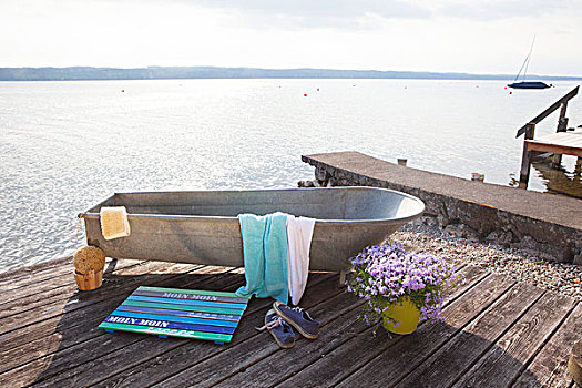 浴缸,木质,浴垫,涂绘,海边,码头