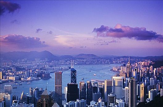 香港,俯视,港口,天际线,黎明,粉色,紫色天空