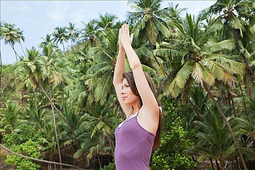 女人,练习,瑜珈,棕榈树