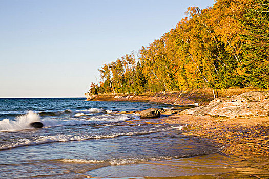 海滩,秋天,日落,石头,国家,湖岸,靠近,密歇根