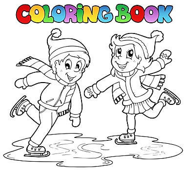 上色画册,滑冰,男孩,女孩