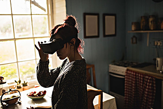 美女,虚拟现实,耳机,在家