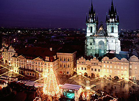 夜景,圣诞节,市场,老,城镇,教堂,我们,女士,世界遗产,布拉格,捷克共和国,欧洲