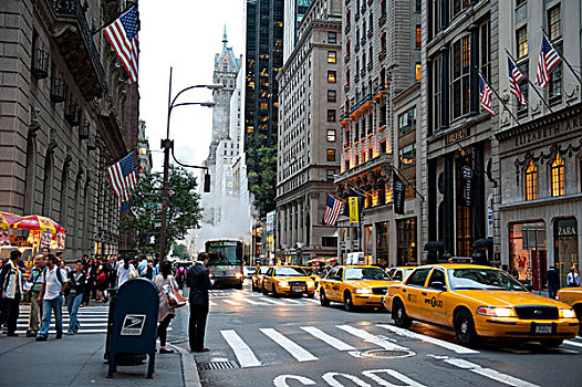 交通,黄昏,黄色,出租车,第5大道,市中心,曼哈顿,纽约,美国,北美