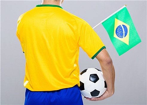 背面视角,球员,拿着,足球,小,巴西,旗帜