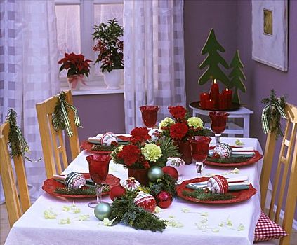 圣诞桌,装饰,康乃馨,松树,小玩意
