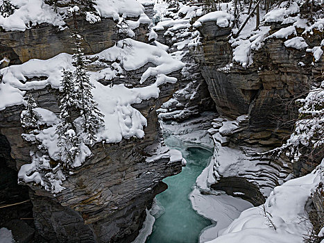 俯视图,冰冻,秋天,阿萨巴斯卡瀑布,碧玉国家公园,艾伯塔省,加拿大