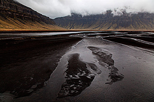 河,风景,火山岩,沙子,山,云,靠近,冰岛,欧洲